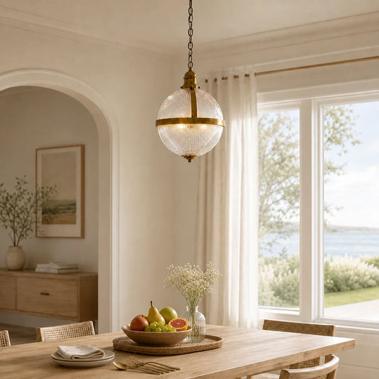 Preston Vintage Brass Ribbed Glass Globe Pendant Light
