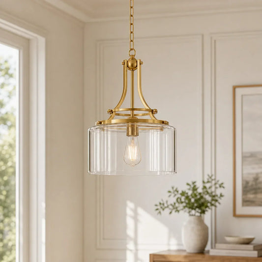Sawyer Farmhouse Brushed Brass Clear Glass Cylinder Pendant Light