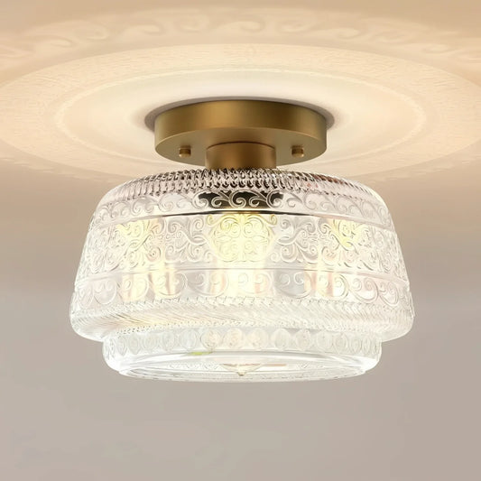 Veyra Vintage Engraved Glass Flush Ceiling Light