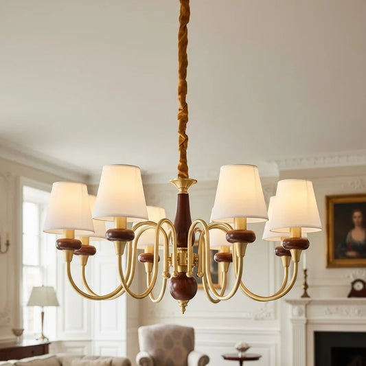 Vintage Multi-Tier Brass & Walnut Fabric Chandelier