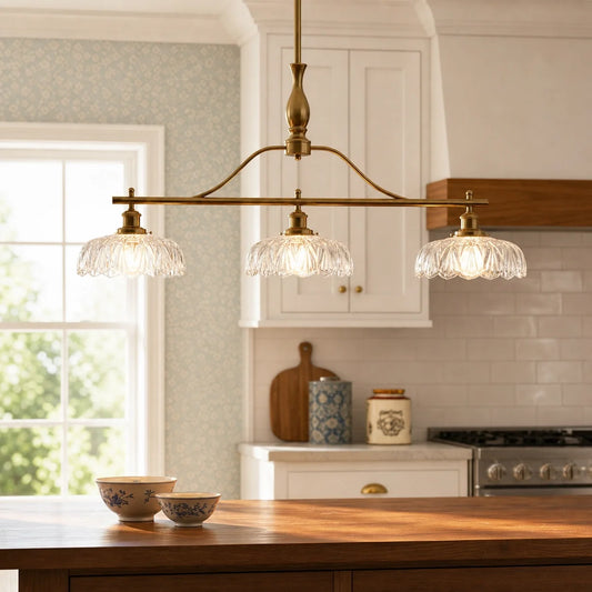 Vintage Brass 3-Light Linear Chandelier with Textured Glass Shade