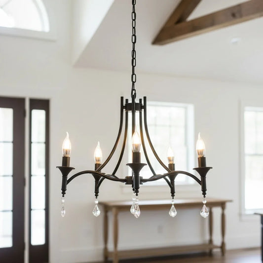 Vintage Black Iron Crystal Drop Candle Chandelier