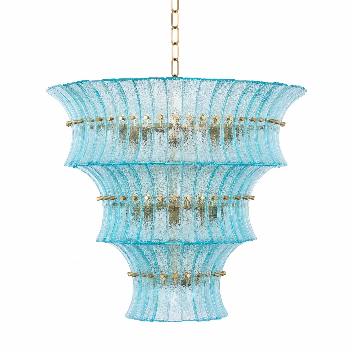 Aqua textured glass three-tier chandelier on white