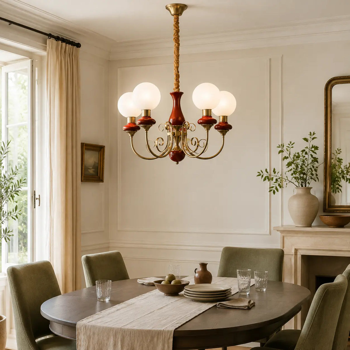 Red Sylvie five-light chandelier centred above an oval dining table